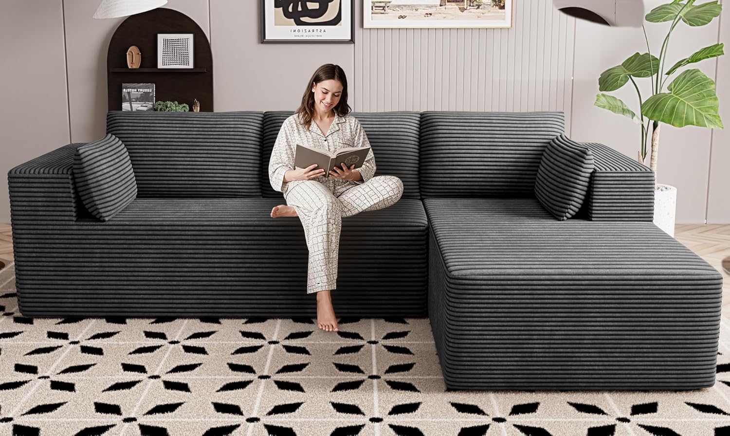Cloud Sectional Boneless Couches for Living Room, Modular L Shaped Couch with Deep Seat Oversized Right Facing Chaise, Memory Foam Compressed Spineless 3 Seater Sofa for Apartment, Black | No Assembly Required, Deep Seat, Cat-Claw Resistant, High-Resilien wourant