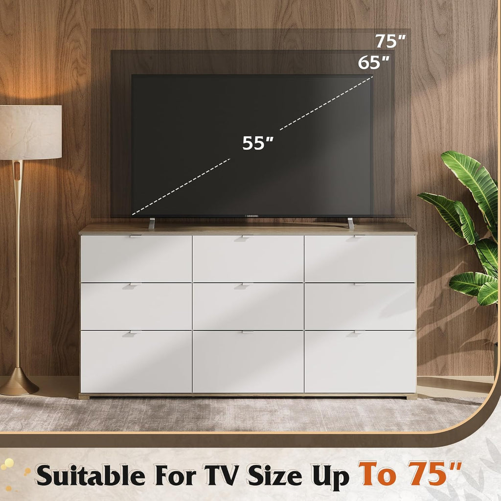 9 Drawer Led Dresser for Bedroom, 58.35'' Wide Wood Dresser Storage Organizer with Power Outlets for 65'' TV, Dressers with Open Shelves wourant