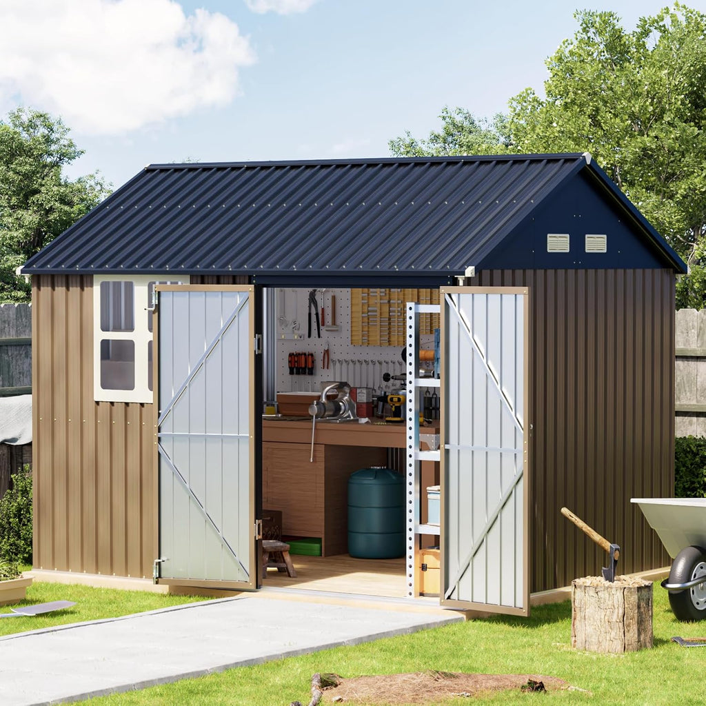 Breezz 8X10FT Outdoor Steel Storage Shed Lockable Doors Weather-Resistant Metal Tool Shed wourant