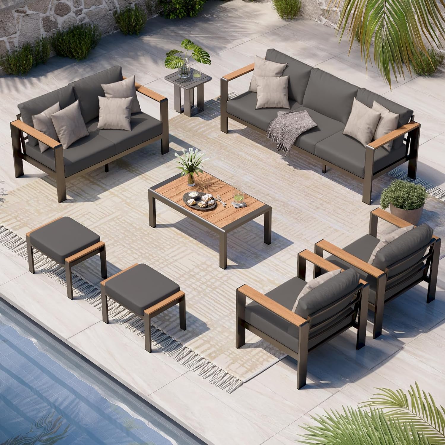 Aluminum Outdoor Patio Furniture Set with Coffee Table, 5 Piece Patio Conversation Sets, Outdoor Sectional Furniture for Porch, Balcony, Yard, Gray woonhhop