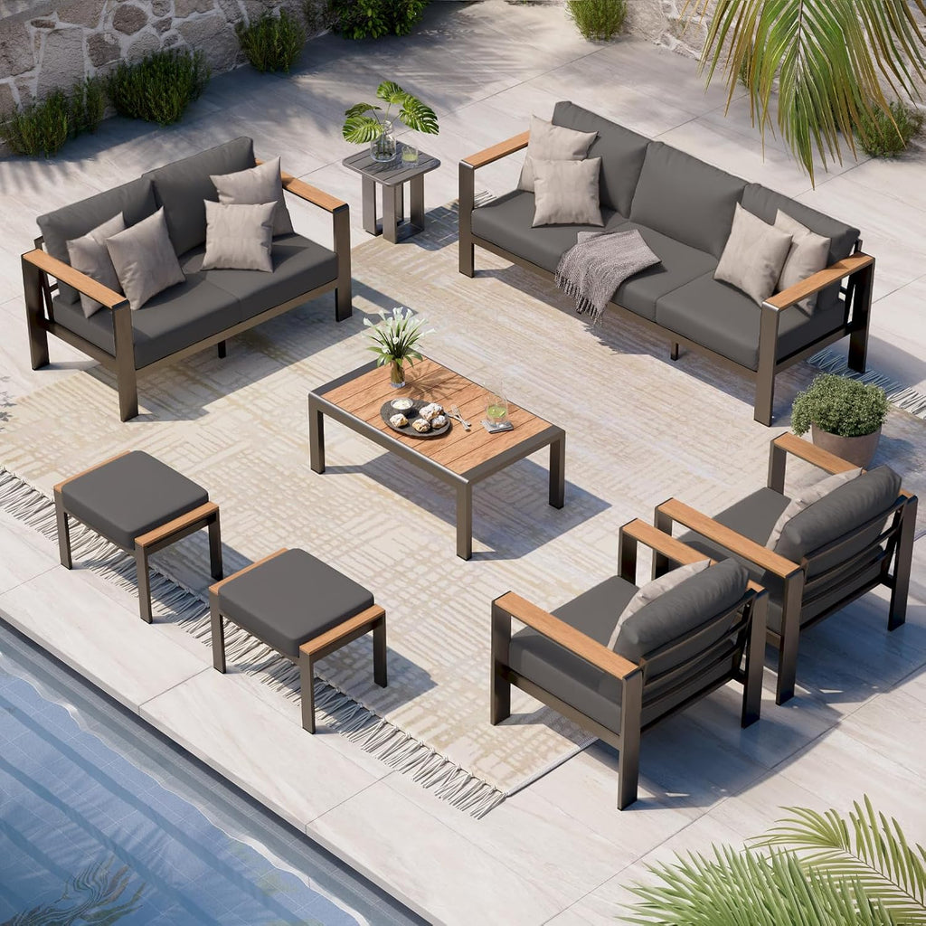 Aluminum Outdoor Patio Furniture Set with Coffee Table, 4 Piece Patio Conversation Sets with Washable Thick Cushions, Outdoor Sectional Furniture Set for Poolside, Balcony, Deck, Gray woonhhop