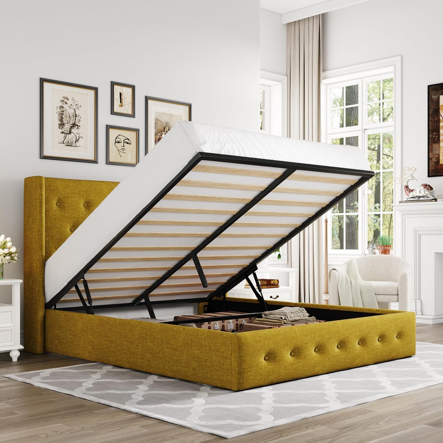Allewie Queen Size Lift Up Storage Bed Modern Wingback Headboard Hydraulic Support wourant