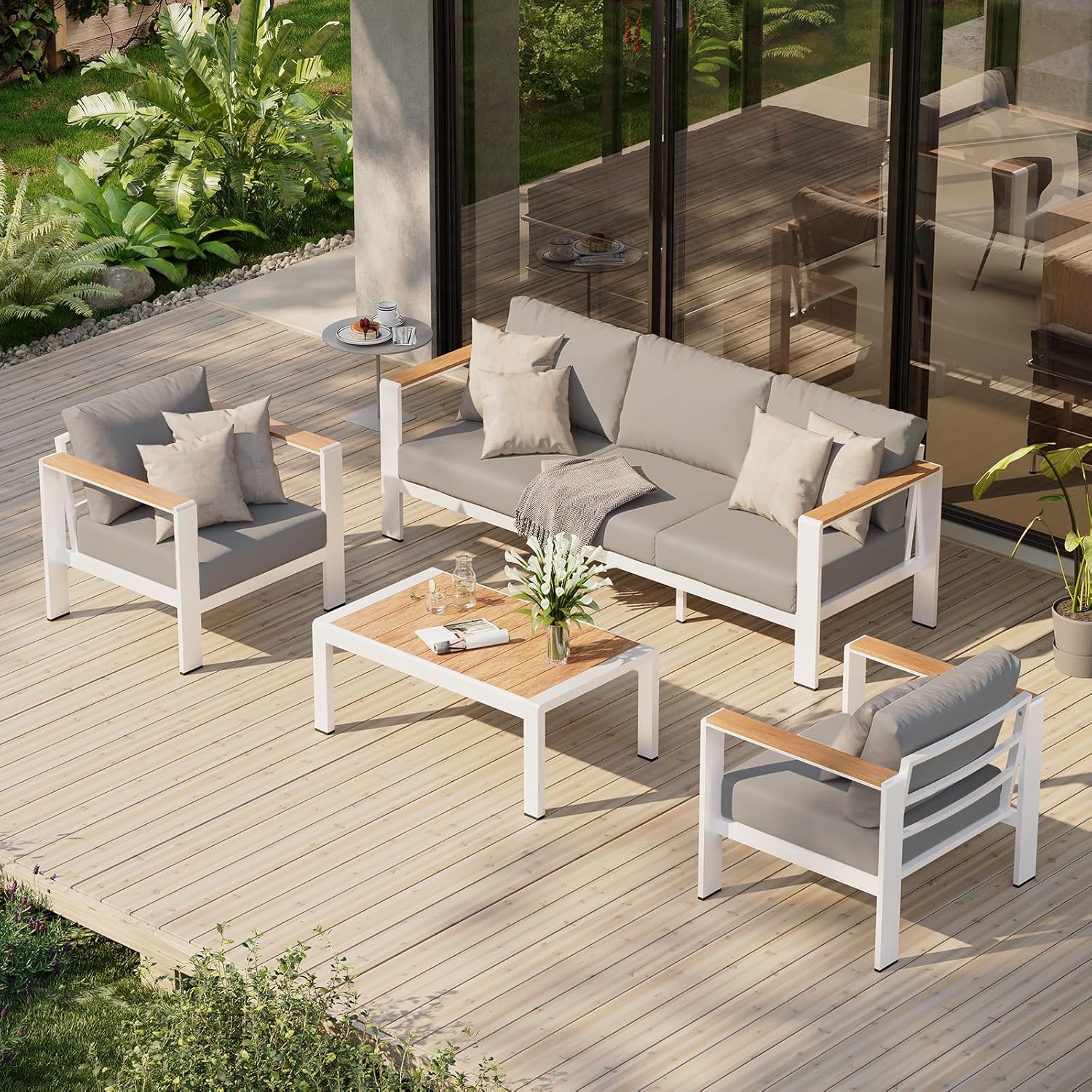 Aluminum Outdoor Patio Furniture Set with Coffee Table, 5 Piece Patio Conversation Sets, Outdoor Sectional Furniture for Porch, Balcony, Yard, Gray woonhhop