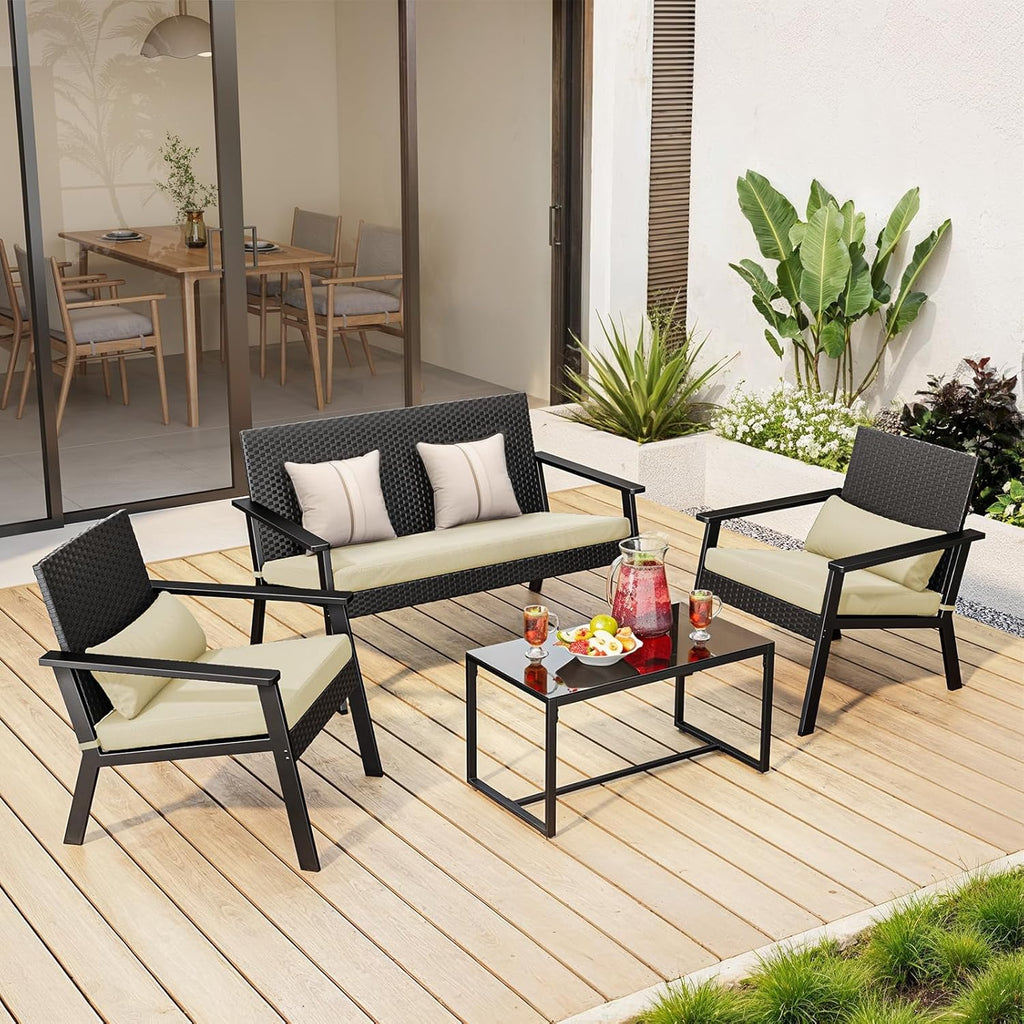 Ahomly 4-Piece Outdoor Wicker Patio Furniture Set with Deep Seating Cushions and Table for Balcony, Backyard, and Porch (Gray) wourant