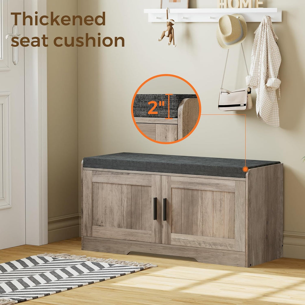 2-Tier Storage Bench, Shoe Bench with Thickened Padded Seat Cushion, Entryway Bench with 4 Doors, Adjustable Shelf, 13.8" D x 45.3" W x 18.5" H, for Entryway, Living Room, Bedroom, White wourant