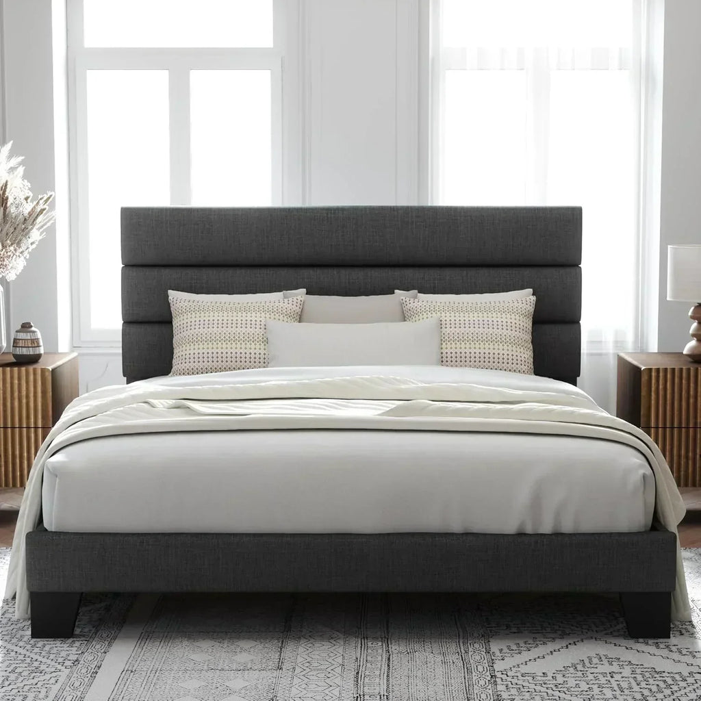 Allewie King size platform bed frame with velvet upholstered headboard and planks wourant