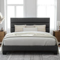 Allewie King size platform bed frame with velvet upholstered headboard and planks wourant
