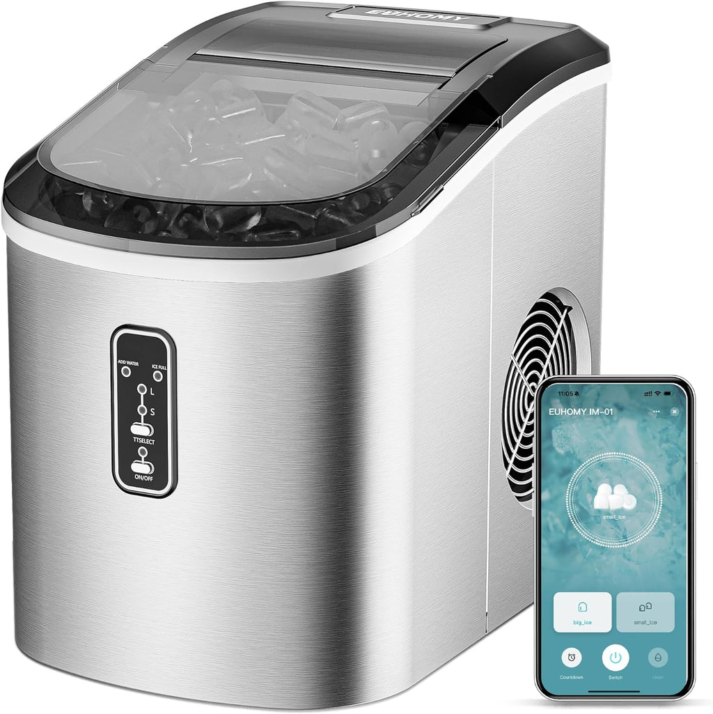 EUHOMY Nugget Ice Maker Countertop with Handle, Ready in 6 Mins, 34lbs Per Day, Removable Top Cover, Auto-Cleaning, Portable Sonic Ice Maker with Basket and Scoop, for Home/Party/RV/Camping (Black) wourant