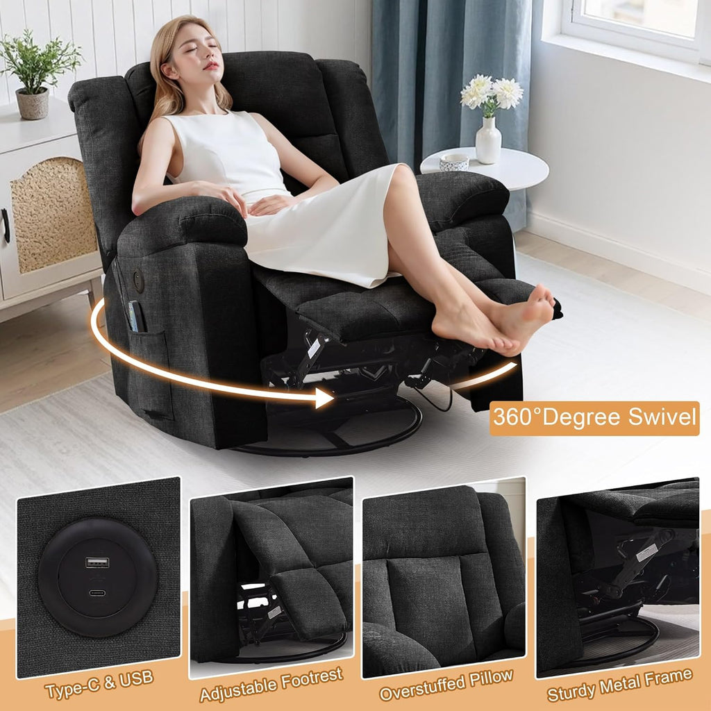 Rocker Recliner, Glider Recliner Chairs for Adults, 360° Swivel Rocking Chair with Massage and Heating, Nursery Chair with Storage and USB Charging for Living Room, Bedroom, Nursery wourant