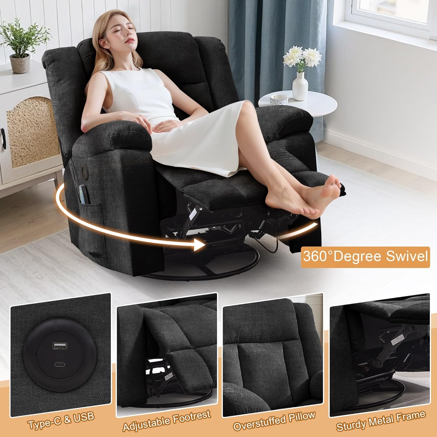 Adult rocking chair, gliding recliner, 360° rotating rocking chair with massage and heating function wourant