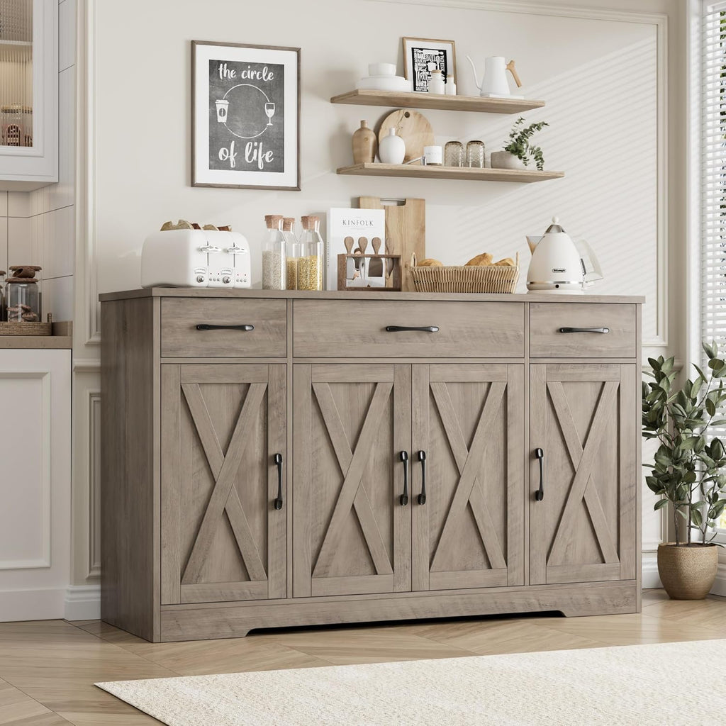 HOSTACK Buffet Cabinet with Drawers, 55" Large Sideboard Buffet Storage Cabinet with Shelves and Doors, Modern Farmhouse Coffee Bar Station Wood Kitchen Table for Kitchen, Dining Room, White/Rustic wourant