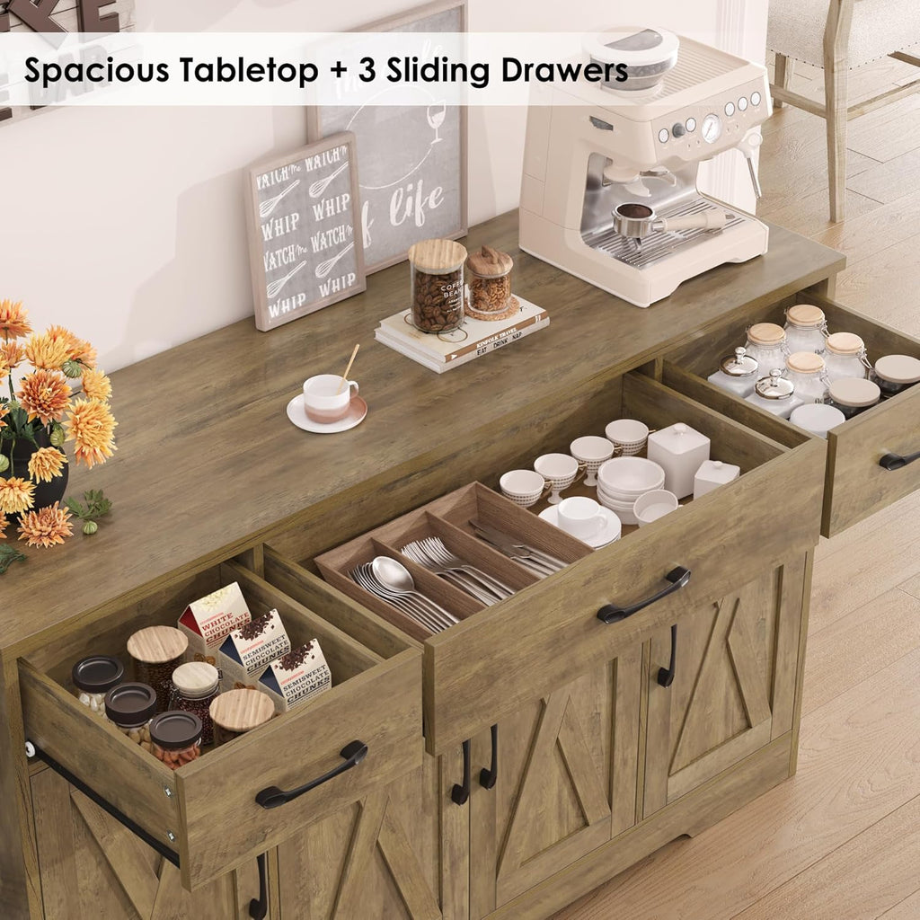 Sideboard with drawers, large 55-inch sideboard, sideboard storage with shelves and doors, modern farmhouse coffee bar wood kitchen dining table wourant