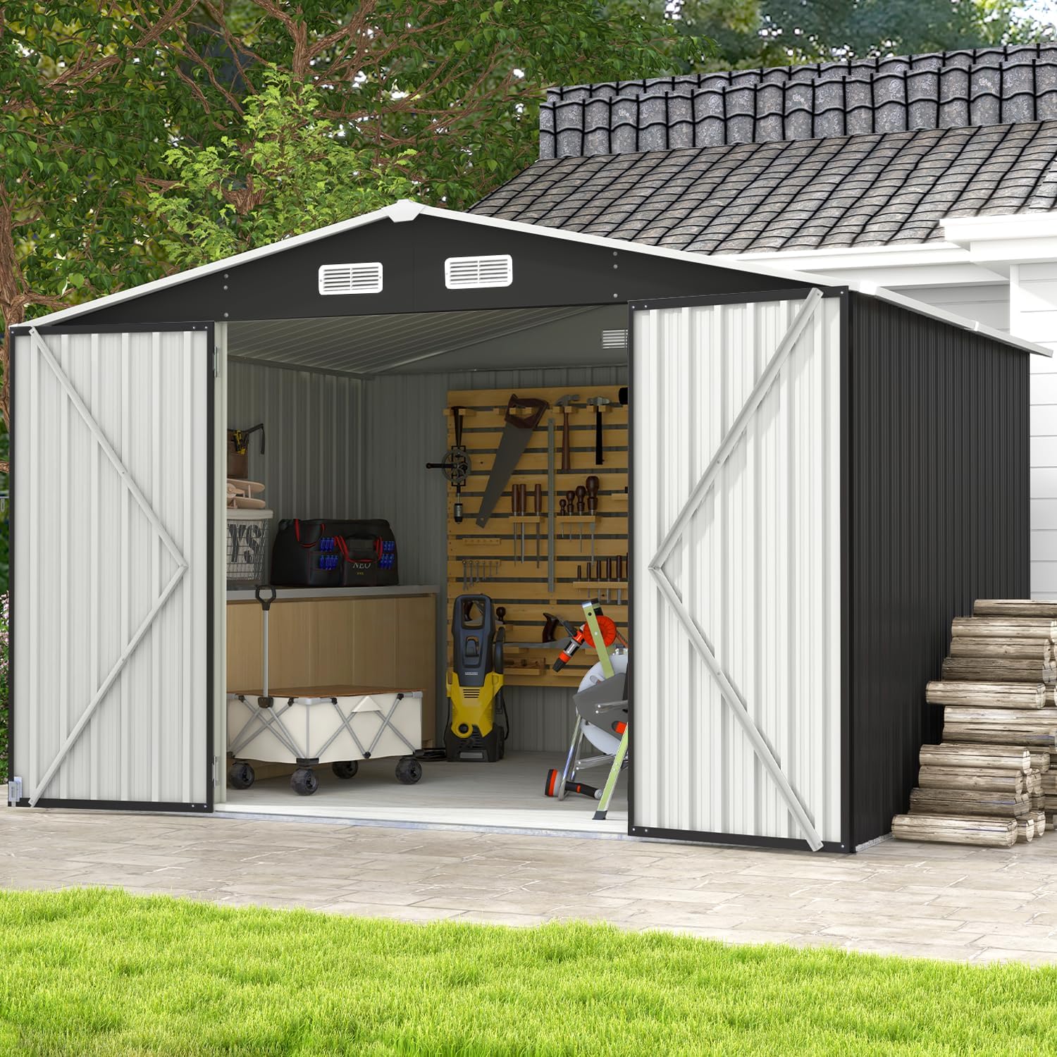 Aoxun 10 x 12 ft Outdoor Storage Shed with Double Hinged Door Utility Garden Shed wourant