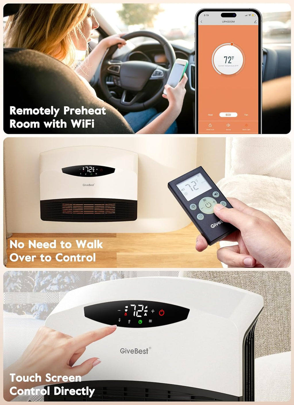 GiveBest Electric Wall Heater with WiFi and Remote Control, Floor or Wall Mounted Heater, Large Room Coverage, 3 Heating Modes, 1500W Fast Heating Space with Thermostat for Indoor Room Use wourant