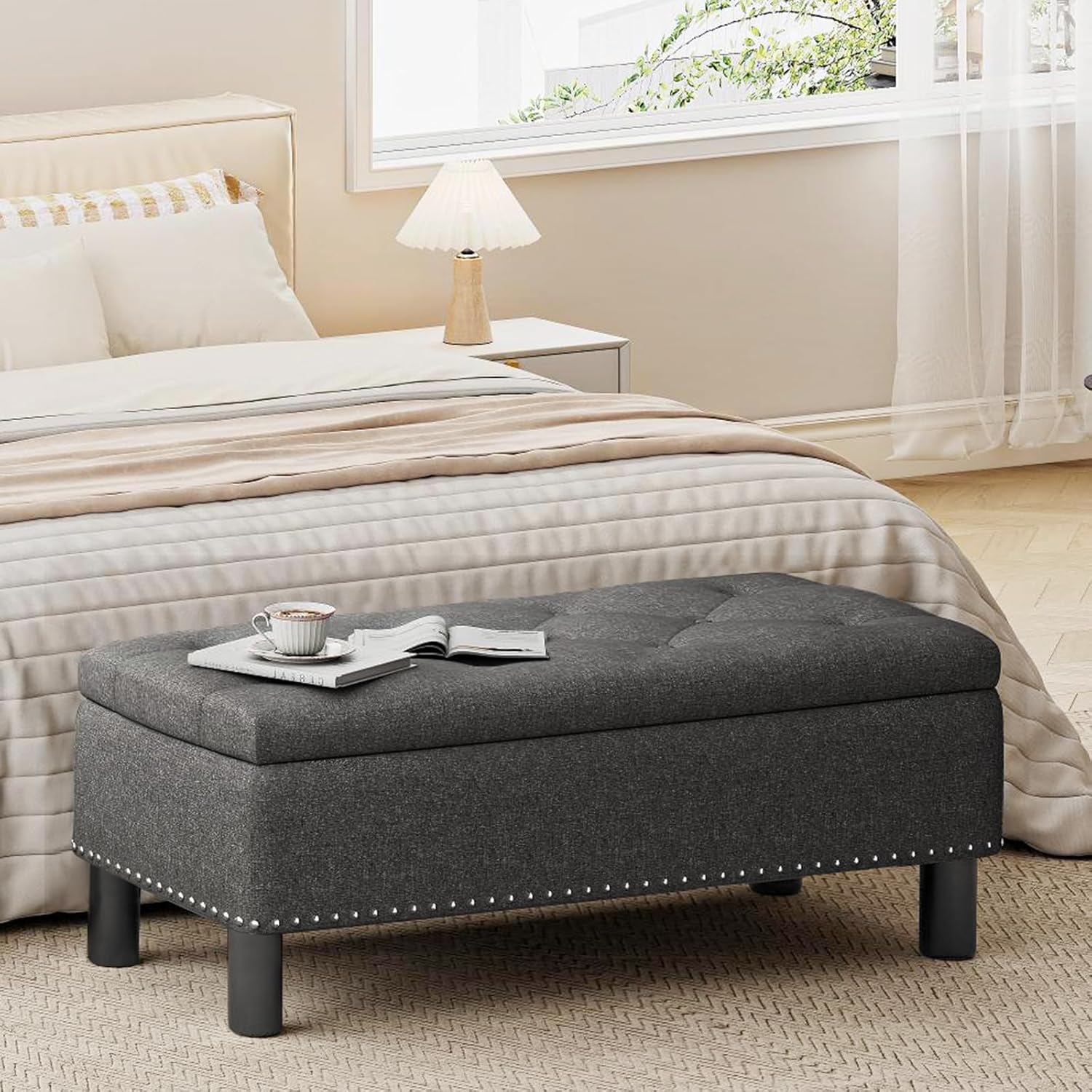 Furniliving Modern Storage Ottoman Bench, Sherpa Ottoman End of Bed Bench with Solid Wood Legs Upholstered Ottoman Benches with Storage Indoor Bench wourant