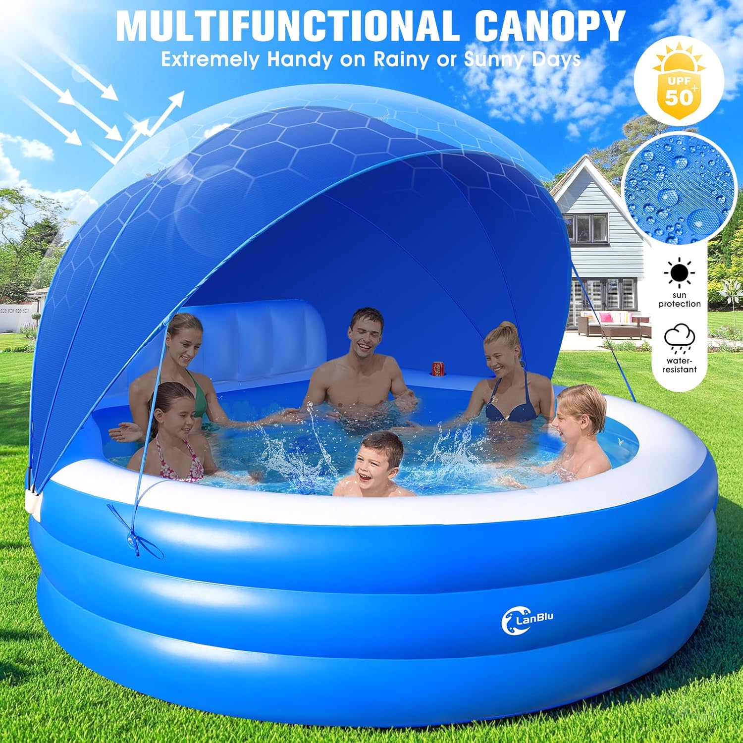 2025 Upgraded Inflatable Pool with Canopy, Inflatable Family Lounge Pool, Round Blow Up Pool for Adult with Bench & Backrest, Swim Center Easy Backyard Pools for Kids & Adults, 92"x92"x26", Blue wourant
