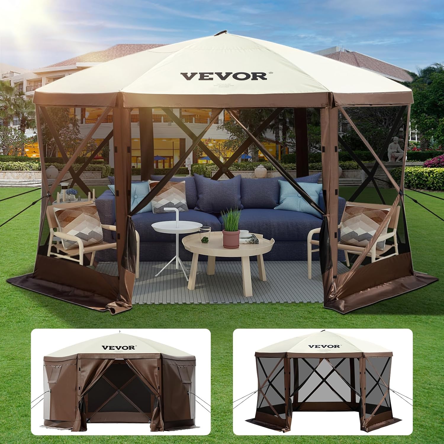 VEVOR 12 * 12ft 6 Sided Pop-up Canopy Shelter Tent with Mesh Windows, Portable Carry Bag wourant