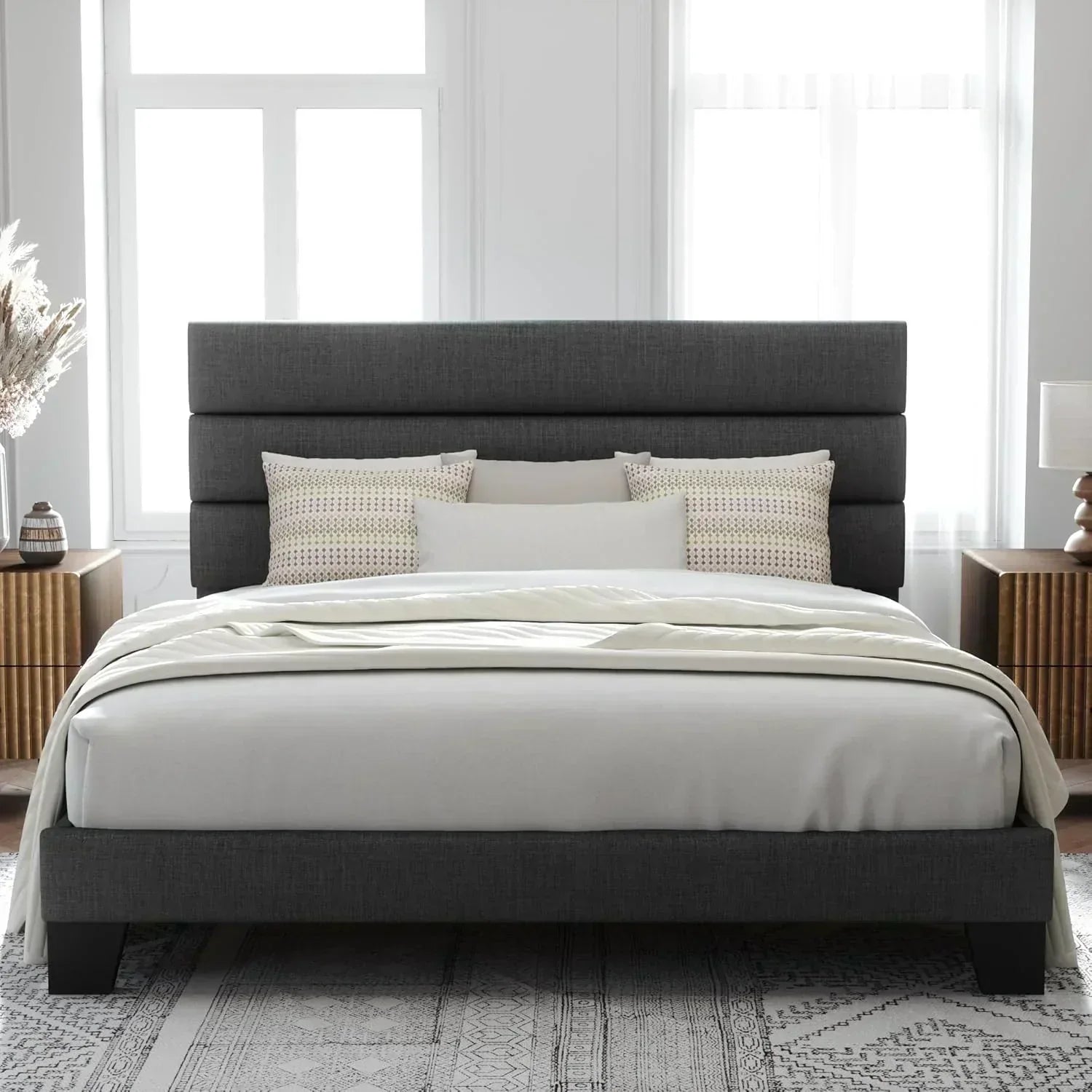 Allewie Queen Size Platform Bed Frame with Fabric Upholstered Headboard Wooden Slats Support wourant