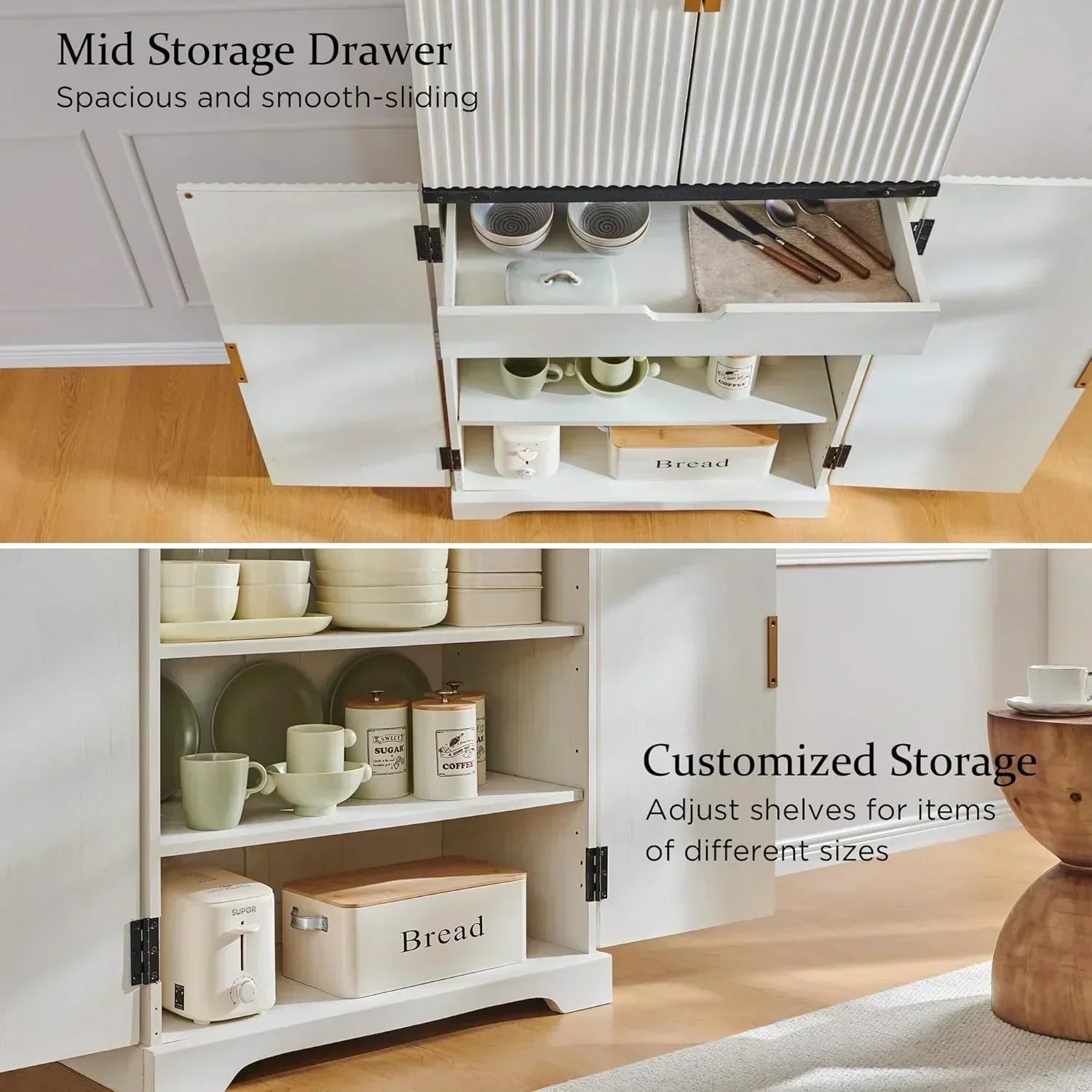 Fluted Pantry Cabinet 72" Tall Modern Storage Cabinet with 4 Doors Organizer Drawer wourant