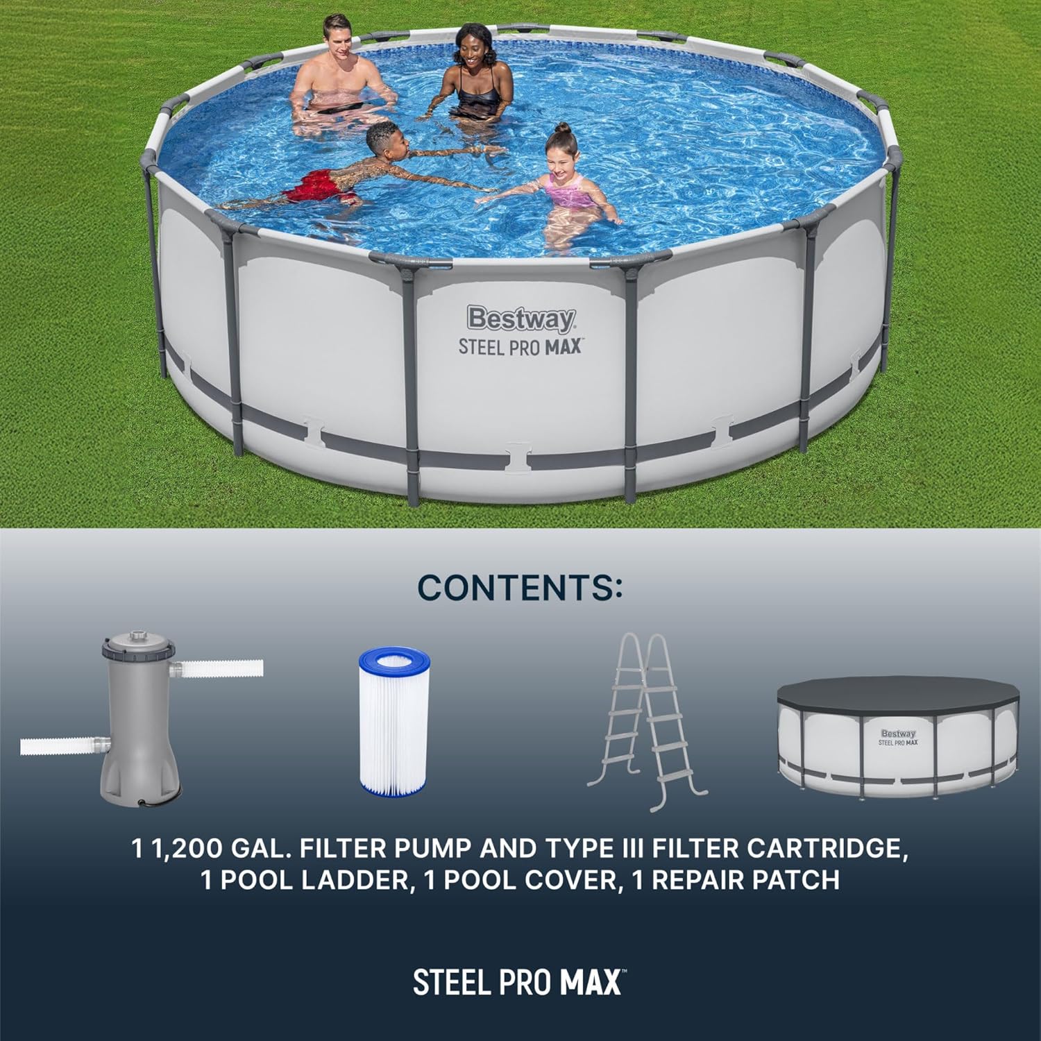 Steel Pro MAX 14 Foot x 48 Inch Round Metal Frame Above Ground Outdoor Swimming Pool Set with 1,000 Filter Pump, Ladder, and Cover, Gray wourant