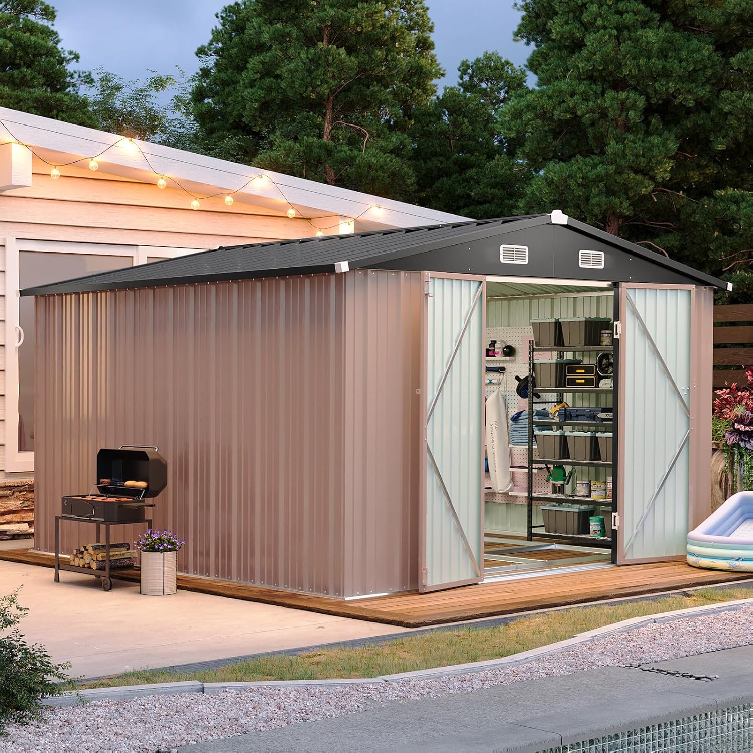 Aoxun 12x10 FT Shed Metal Outdoor Waterproof Storage Shed Steel Utility Garden Tool Shed with Door & Lock Outdoor Storage for Garden Patio Lawn Poolside, Brown wourant