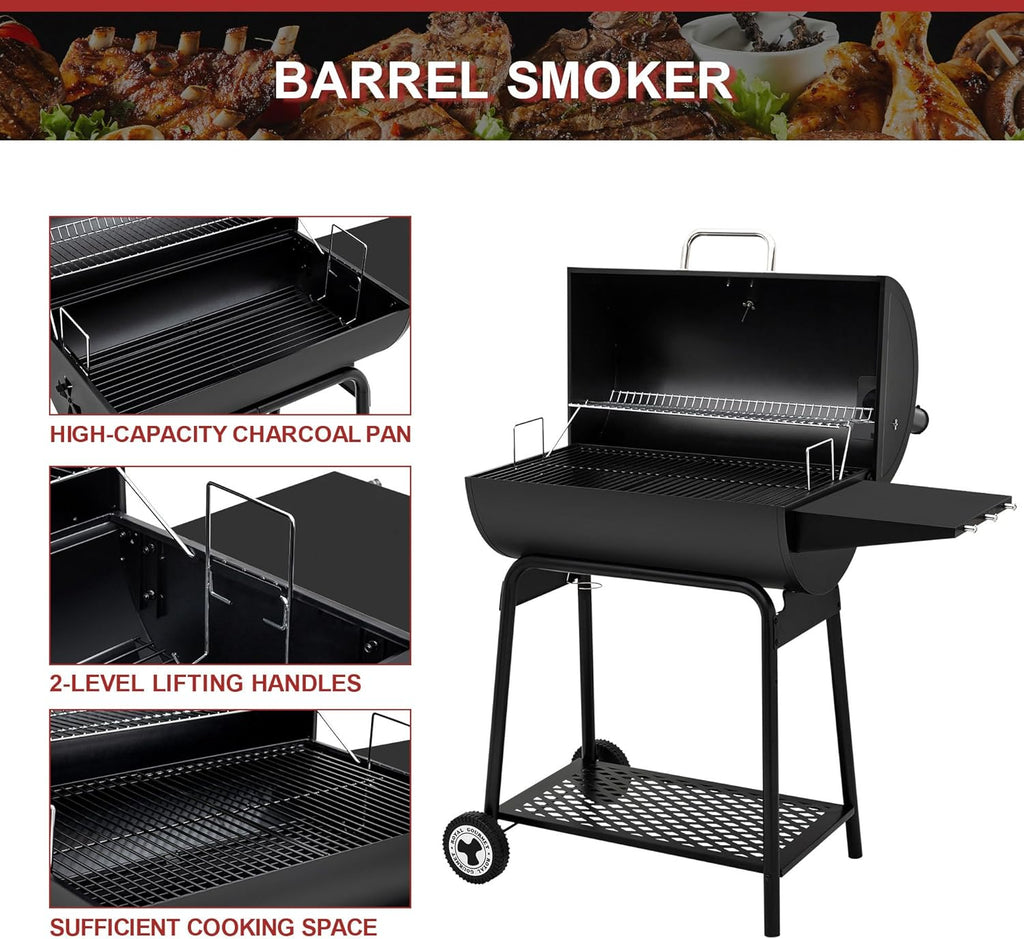 Royal Gourmet CC1830 30 Inch Barrel Charcoal Grill with Side Table, Outdoor BBQ Grill with 627 Sq. In. Cooking Space for Backyard, Patio and Parties, Black wourant