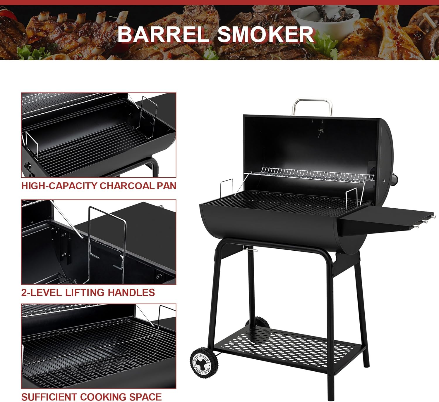Royal Gourmet CC1830 30" Barrel Charcoal Grill with Heating Rack, Outdoor Grill, 627 Sqm wourant