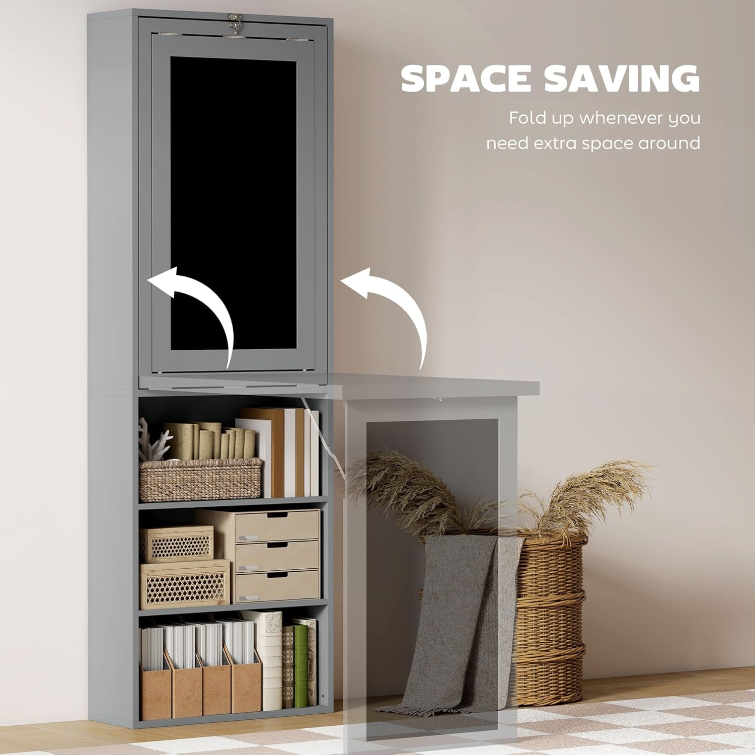 Folding convertible writing desk, wall mounted desk cabinet, multifunctional home office workstation wourant