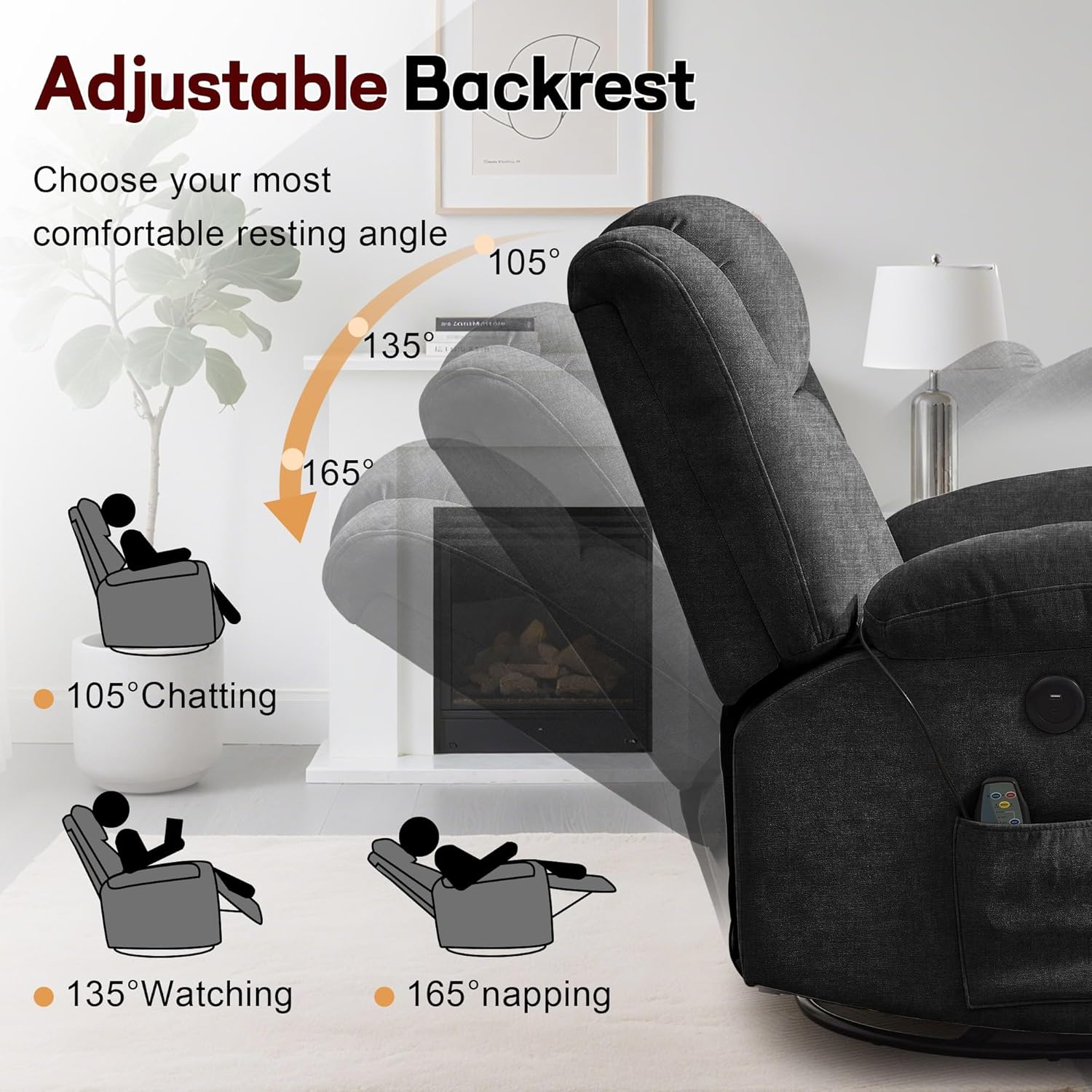 Adult rocking chair, gliding recliner, 360° rotating rocking chair with massage and heating function wourant