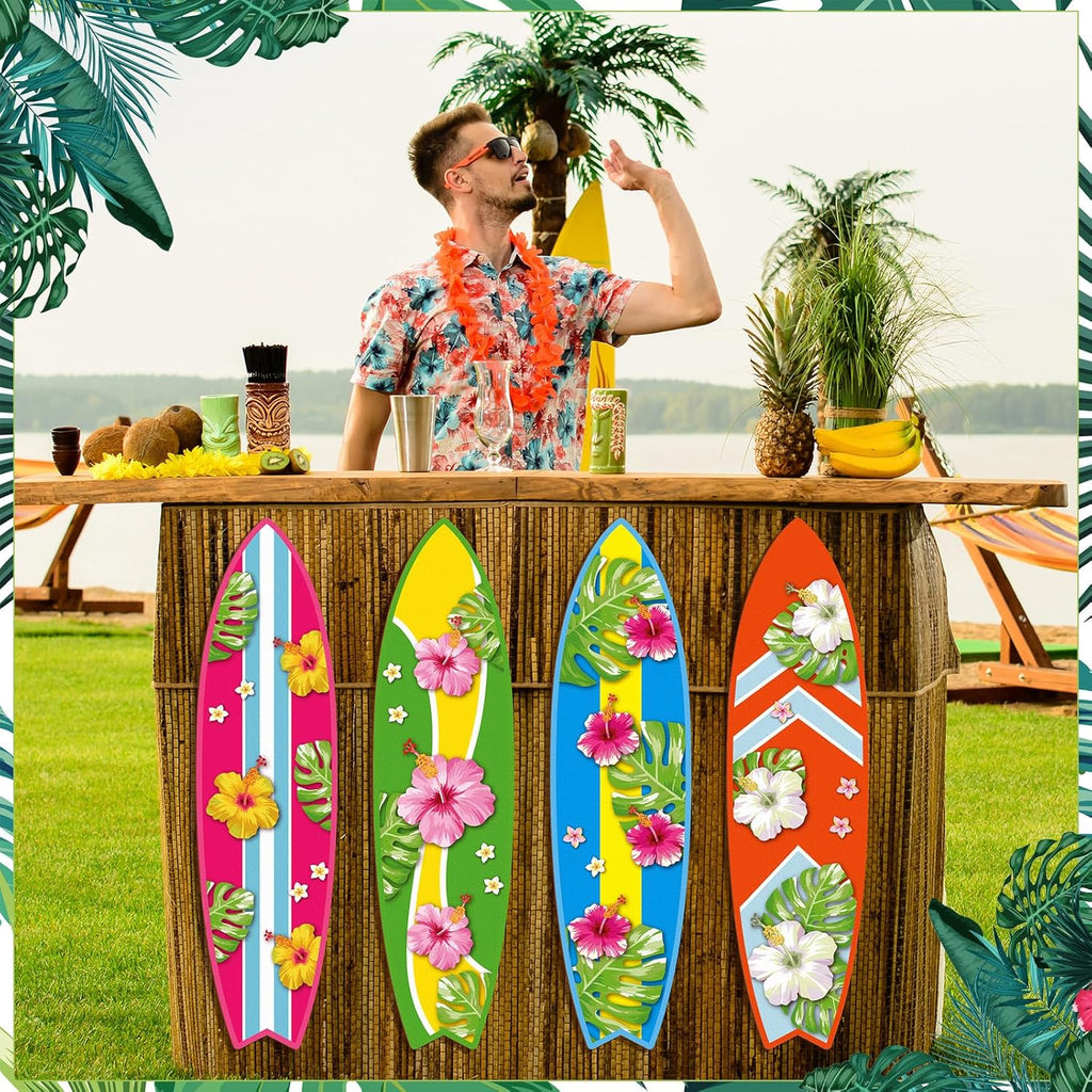 Blulu 4 Pcs Surfboard Wall Decor Surfboard Wall Hanging Sign Wooden Beach Decoration Summer Theme Decor Hawaiian Luau Party Decoration for Home Bar Aloha Tropical Birthday Party(Tiki) wourant