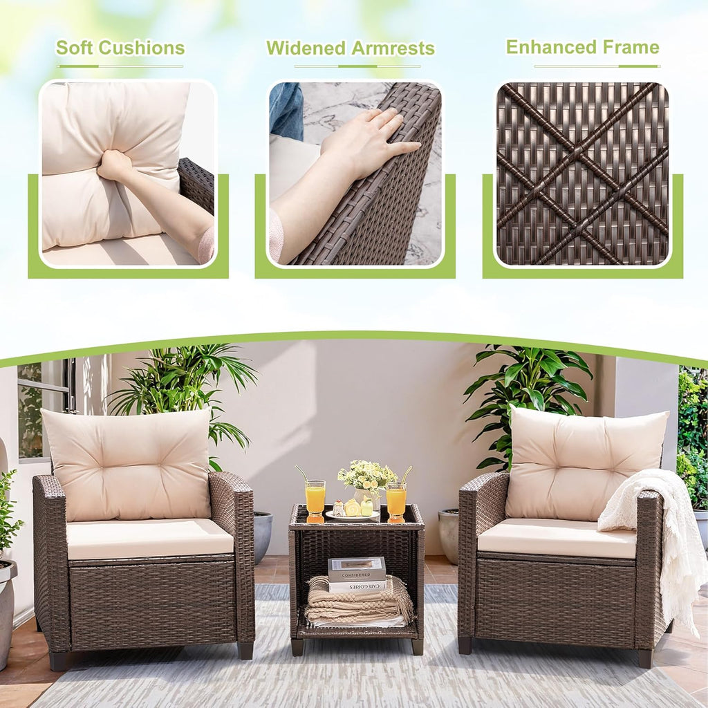 Devoko 3 Pieces Patio Furniture Set, PE Rattan Wicker Patio Set with Two Outdoor Chairs and Table, Upgraded Patio Chairs and Table for Porch, Garden Poolside Balcony woonhhop