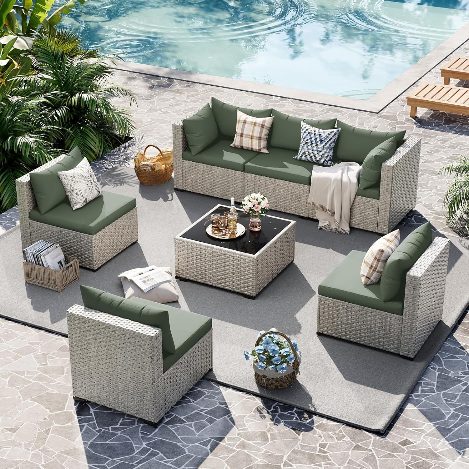 UDPATIO Outdoor Patio Furniture Set, 7-Piece PE Wicker Sectional Sofa with Tea Table, Outdoor Conversation Set for Patio, Garden, Backyard Green wourant