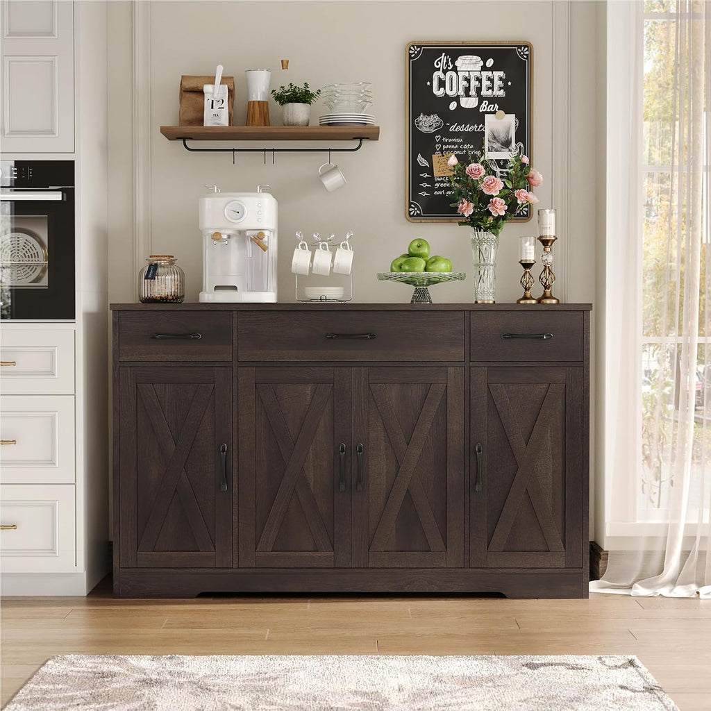 HOSTACK Buffet Cabinet with Drawers, 55" Large Sideboard Buffet Storage Cabinet with Shelves and Doors, Modern Farmhouse Coffee Bar Station Wood Kitchen Table for Kitchen, Dining Room, White/Rustic wourant