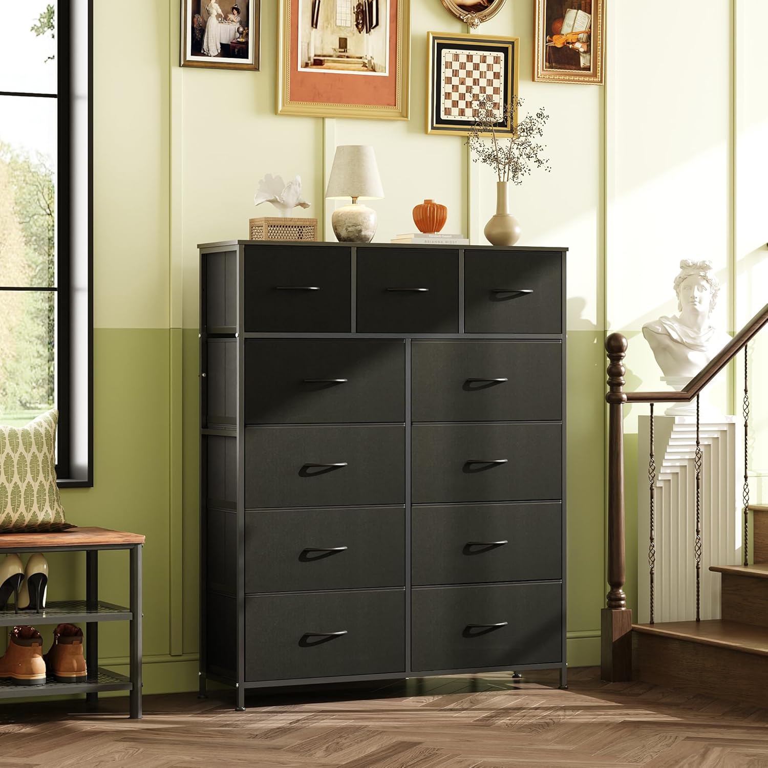 Storage Organizer Unit with 11 Fabric Bins, Storage Drawers Organizer with Steel Frame, Tall Storage Tower Organizaton wourant