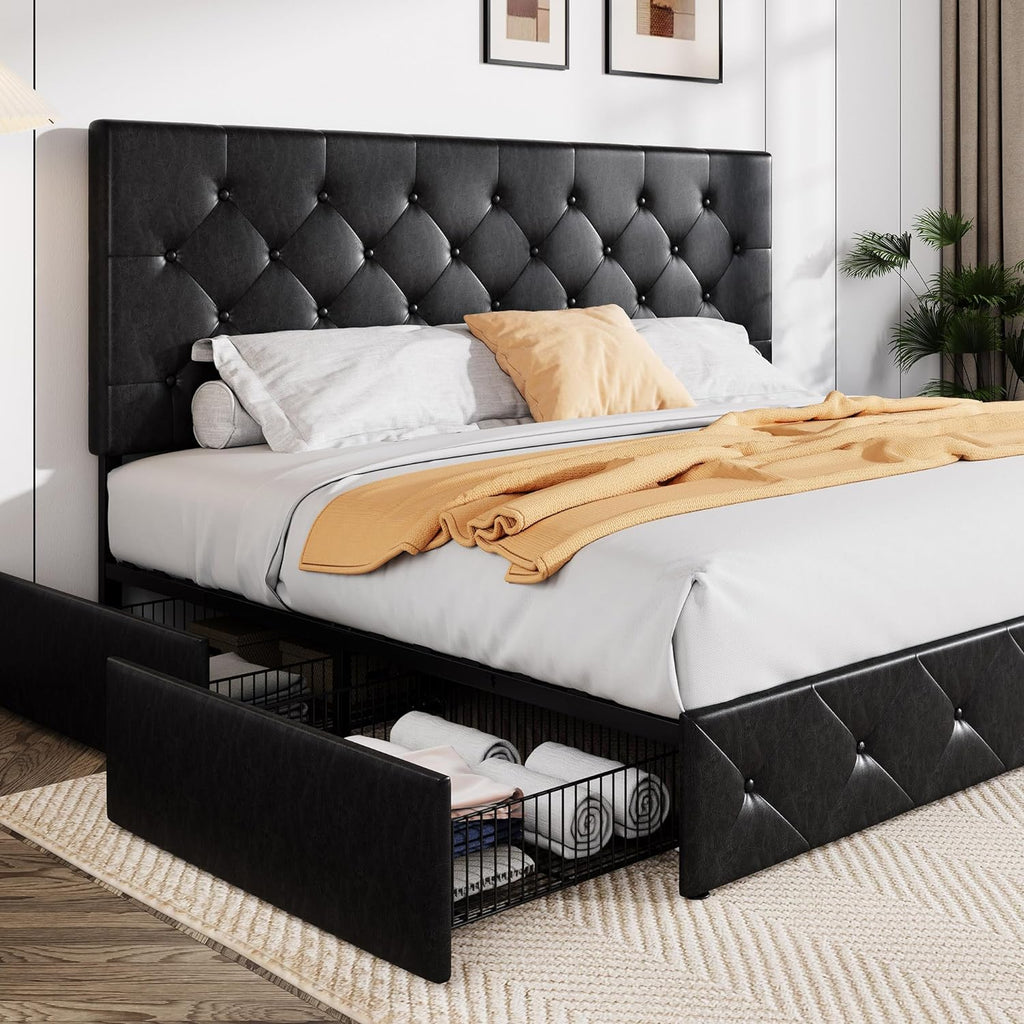 Allewie Upholstered Queen Size Platform Bed Frame with 4 Storage Drawers and Headboard wourant