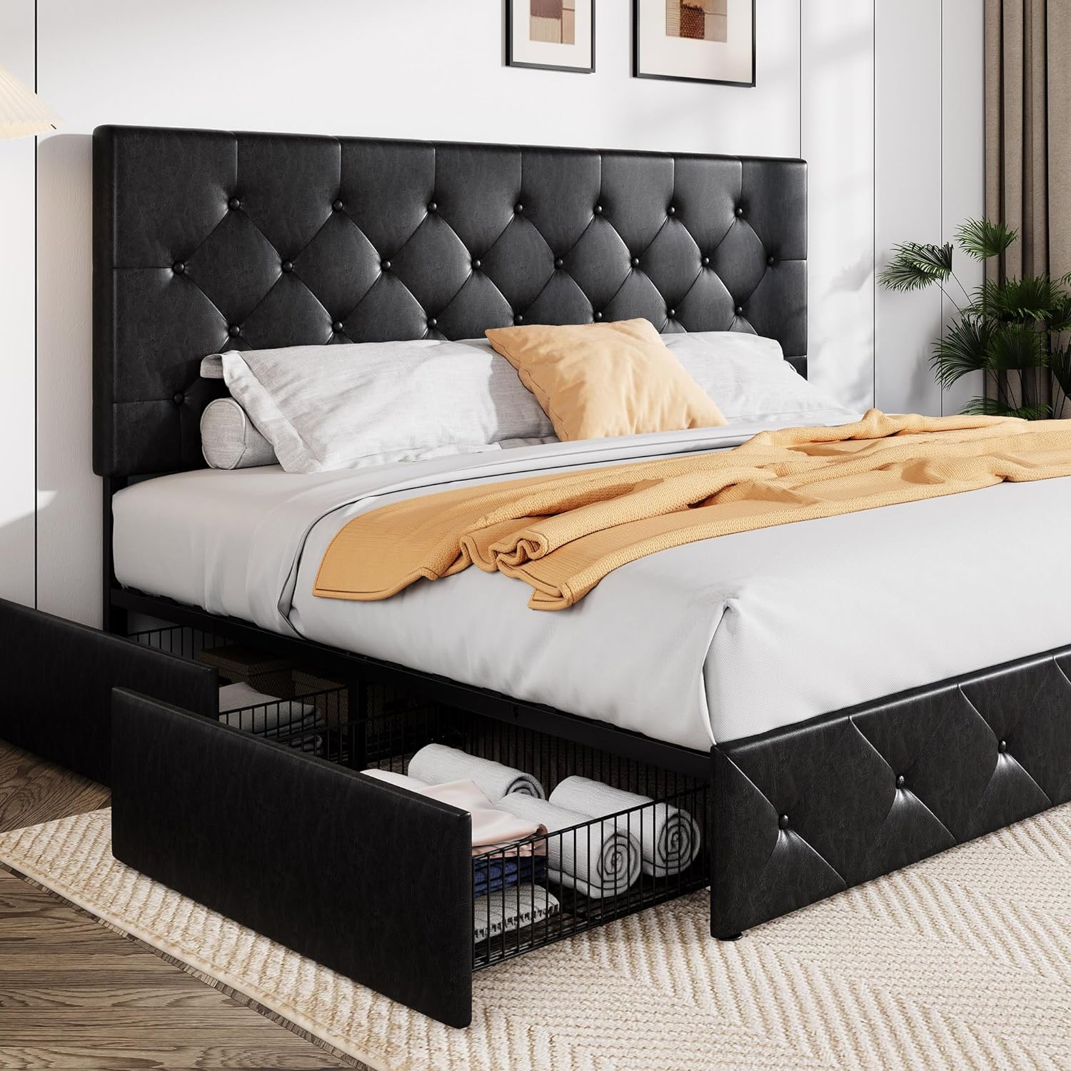 Allewie Upholstered Queen Size Platform Bed Frame with 4 Storage Drawers and Headboard wourant
