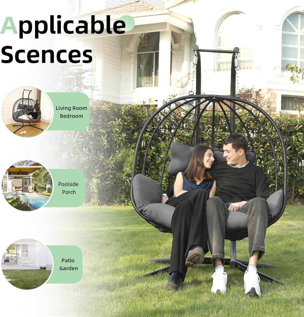 Double Egg Chair Hammock Swing Chair Foldable Hanging Loveseat UV Resistant Cushions wourant