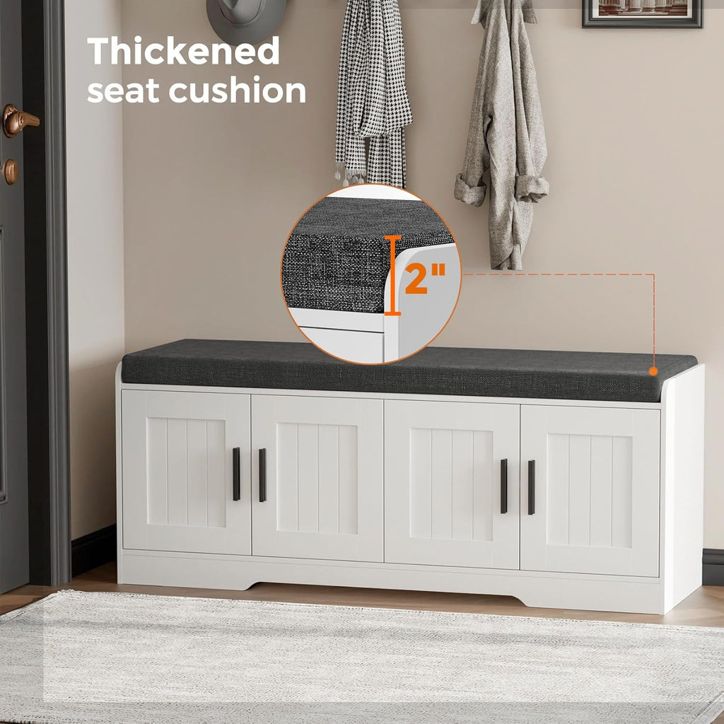 2-Tier Storage Bench, Shoe Bench with Thickened Padded Seat Cushion, Entryway Bench with 4 Doors, Adjustable Shelf wourant