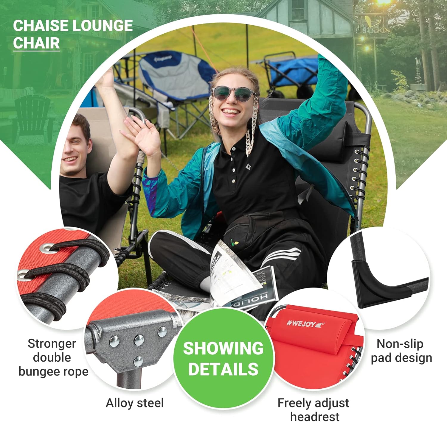 2 Pack Outdoor Chaise Lounge Chair - Portable Folding Patio Pool Lounge Chair, 5 Positions Adjustable Reclining Camping Chair with Side Table,Shoulder Strap, Pillow for Beach Sunbathing Lawn wourant