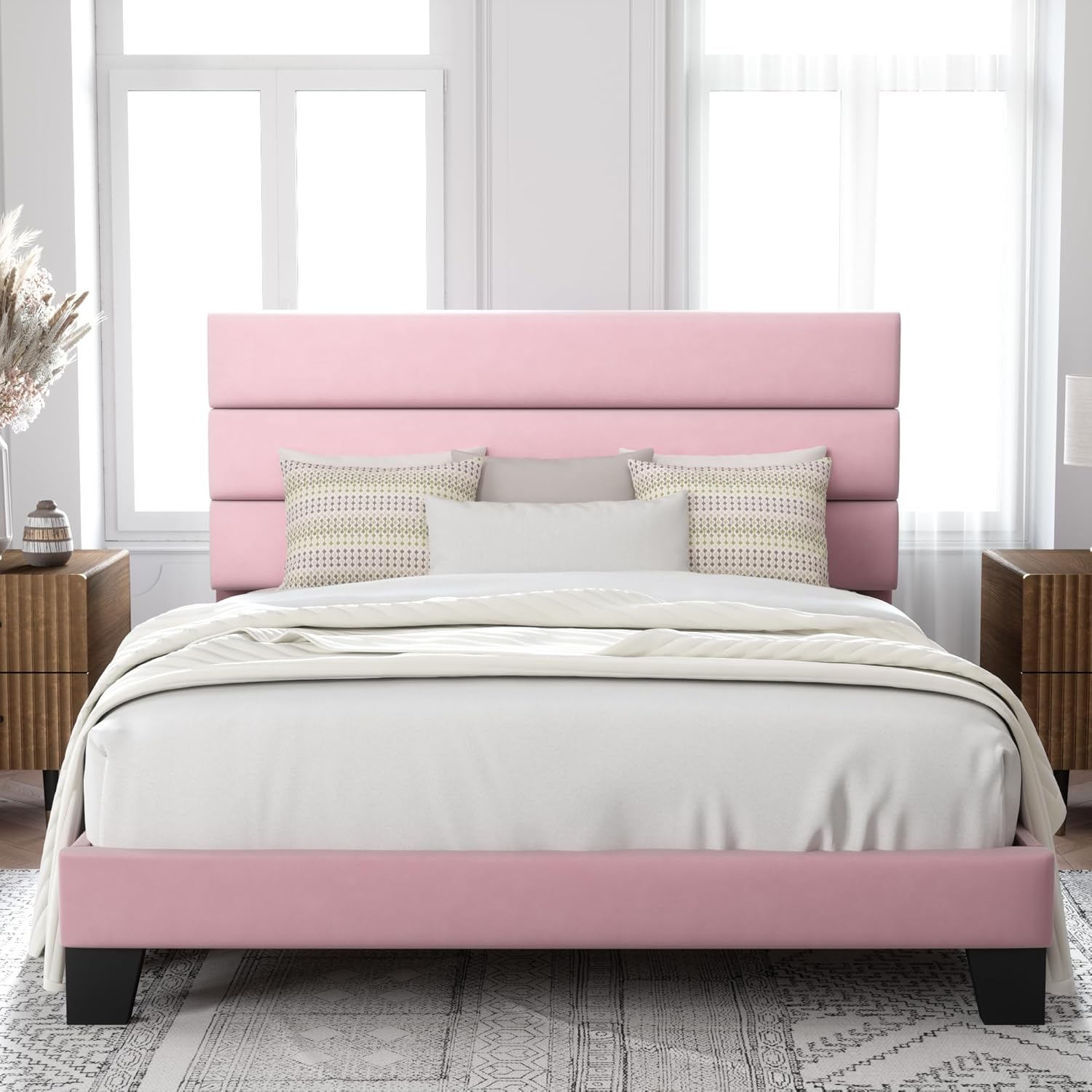 Allewie Queen Size Platform Bed Frame Fabric Upholstered Headboard Wooden Slats Support wourant