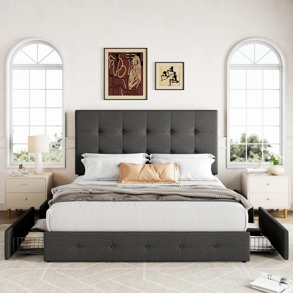 Allewie Upholstered Queen Size Platform Bed Frame with 4 Storage Drawers and Headboard wourant