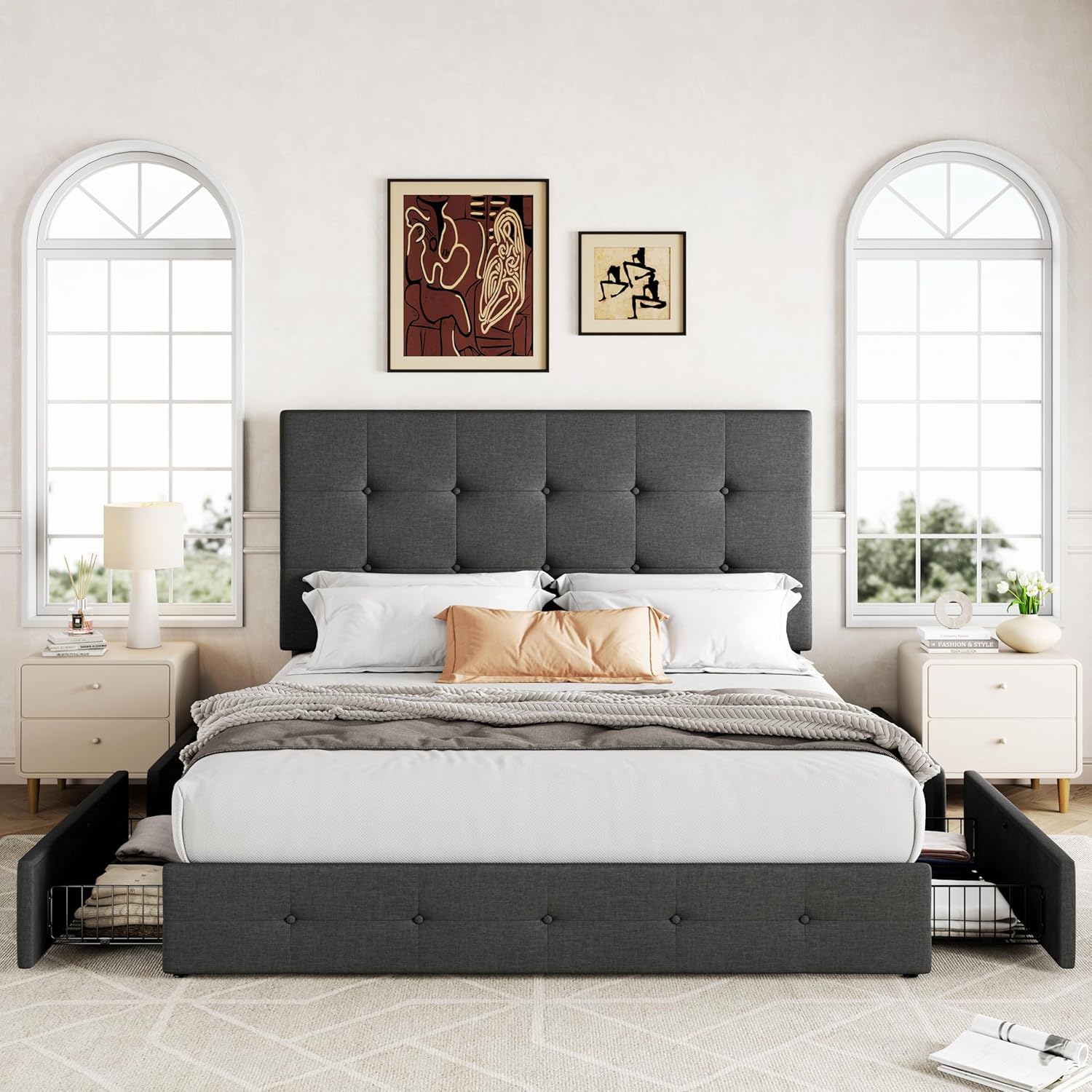 Allewie Upholstered Queen Size Platform Bed Frame with 4 Storage Drawers and Headboard wourant