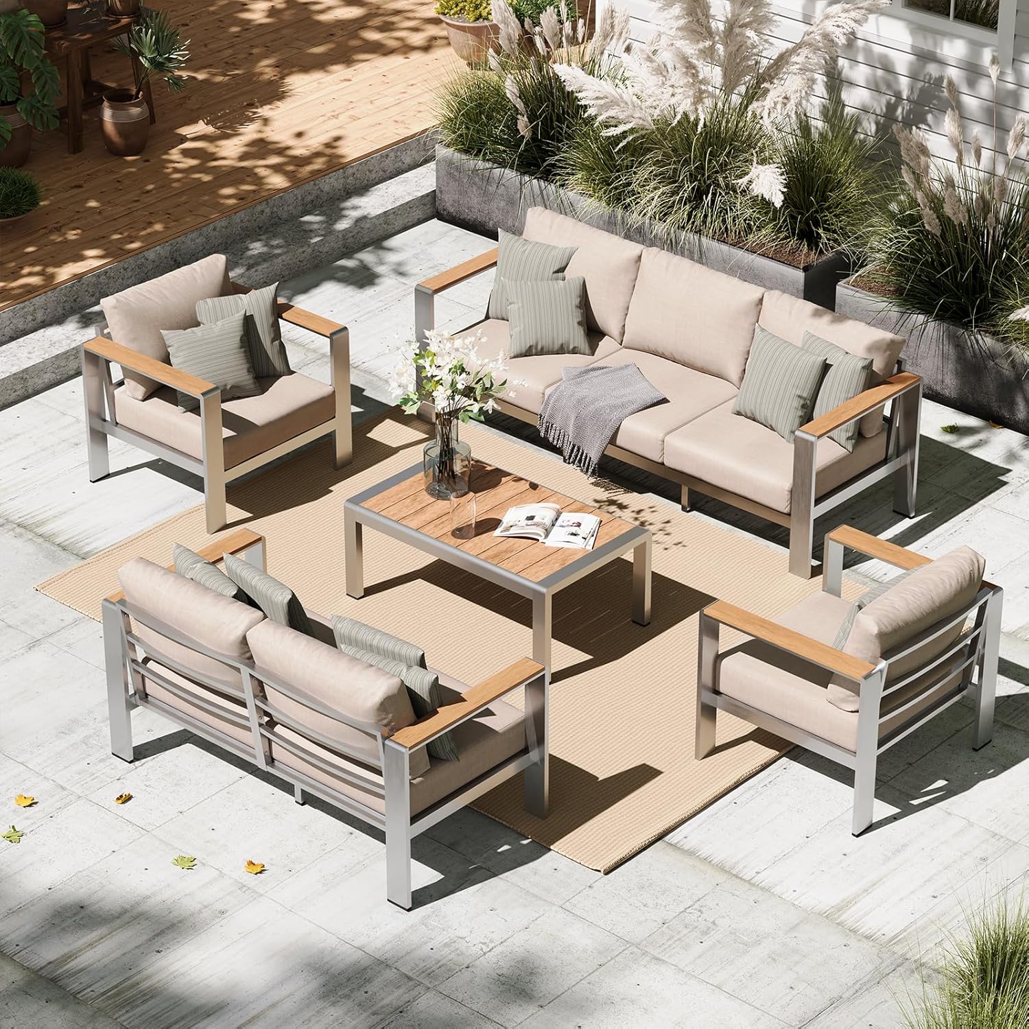 Aluminum Outdoor Patio Furniture Set with Coffee Table, 4 Piece Patio Conversation Sets with Washable Thick Cushions, Outdoor Sectional Furniture Set for Poolside, Balcony, Deck, Gray woonhhop