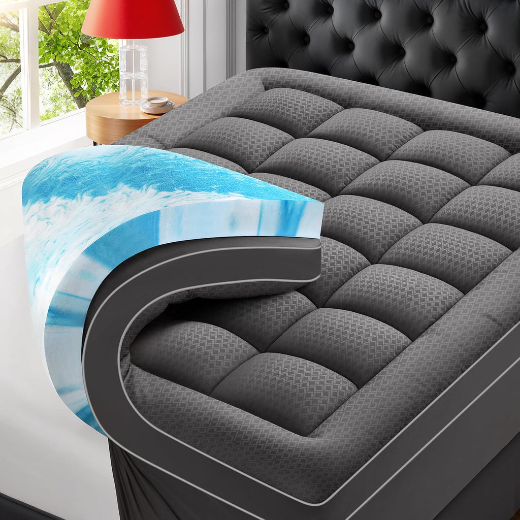 Premium Dual Layer 4 Inch Memory Foam Mattress Topper, 2 Inch Gel Memory Foam and 2 Inch Pillow Top Mattress Pad Cover for Back Pain, Extra Thick Comfort Support woonhhop