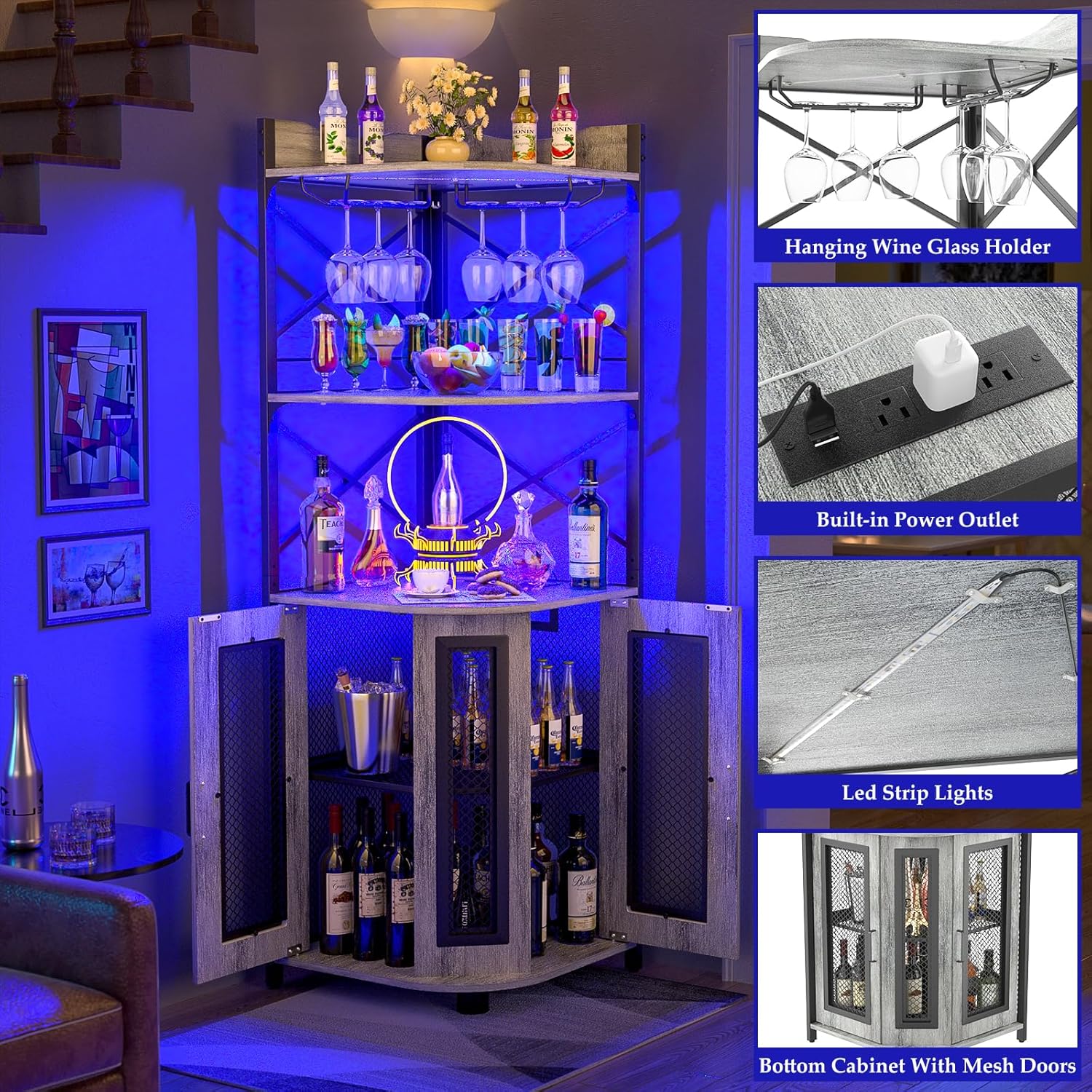 Aheaplus Corner Bar Cabinet with Power Outlet, Industrial Wine Cabinet with LED Strip and Glass Holder, 5-Tiers Liquor Cabinet Bar Unit for Home, Corner Display Cabinet for Small Space, White Oak wourant