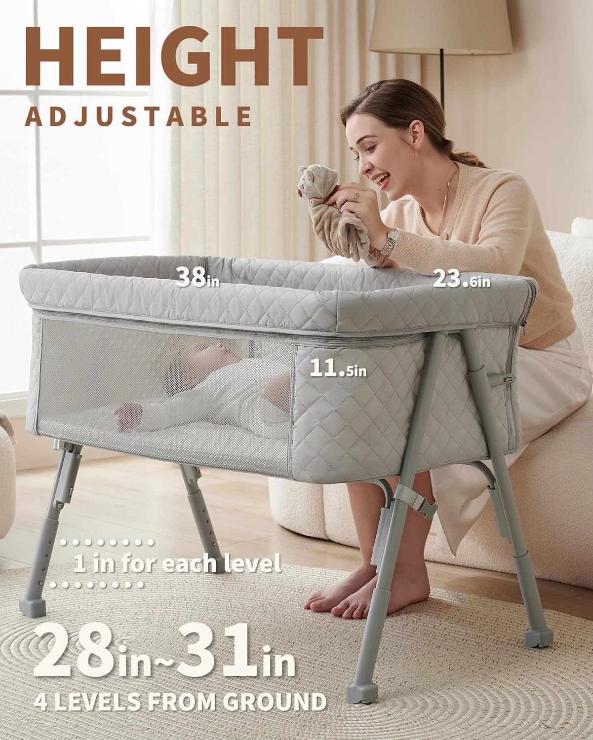 Bassinet Bedside Sleeper Baby Crib for Newborn Baby Bassinets Bedside Sleeper 4 Auto-Lock wourant