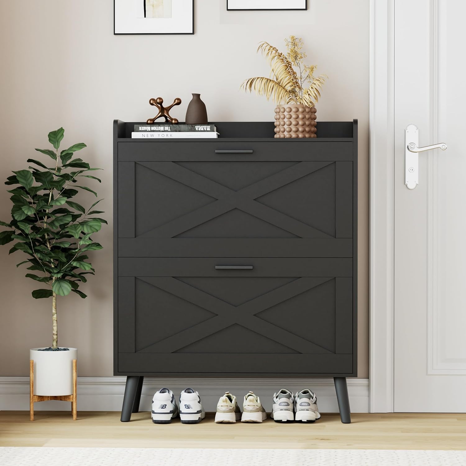 32" W Farmhouse Shoe Storage Cabinet Modern Hidden Slim Narrow Shoe Rack Cabinet wourant