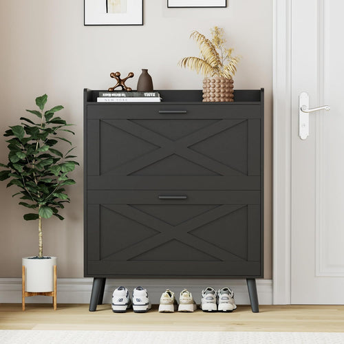 32" wide farmhouse shoe cabinet with 2 flip-top drawers and barn door design, adjustable shelves wourant