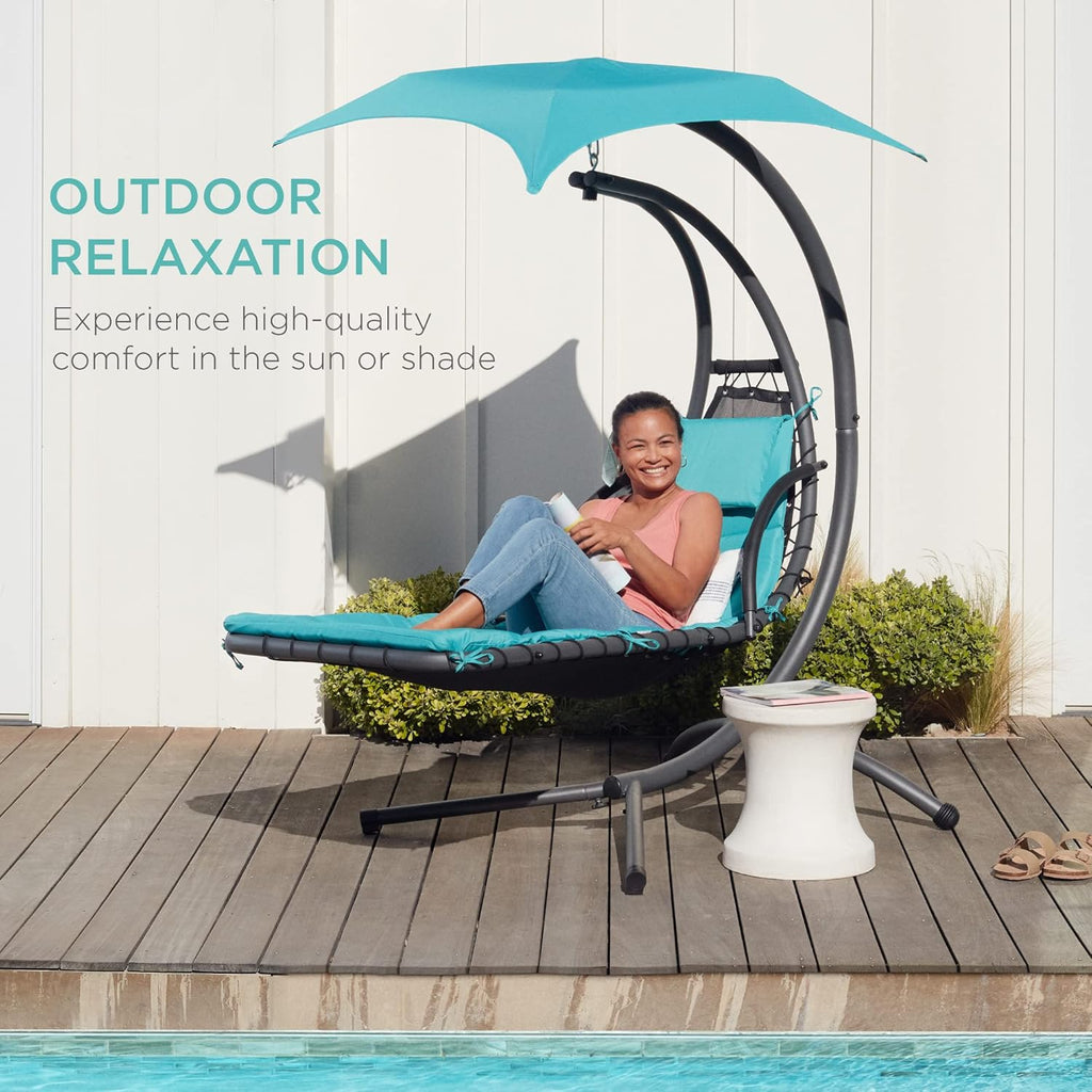 Best Choice Products Outdoor Hanging Curved Steel Chaise Lounge Chair Swing w/Built-in Pillow and Removable Canopy - Charcoal Gray wourant