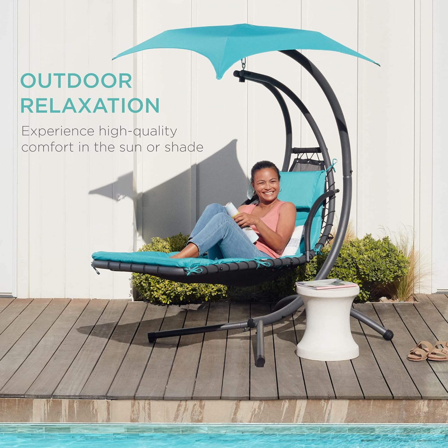 Best Choice Products Outdoor Hanging Curved Steel Chaise Lounge Chair Swing w/Built-in Pillow and Removable Canopy - Teal wourant